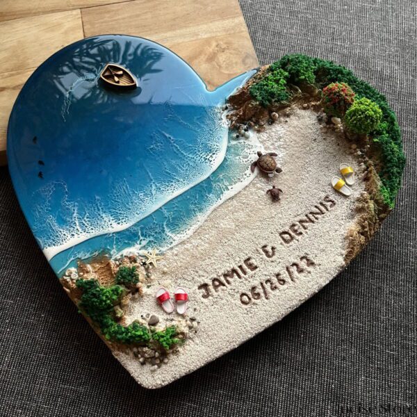 Heart shape ocean seascape with red slippers and turltles