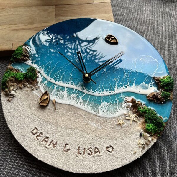 resin ocean wall clock with name on sand